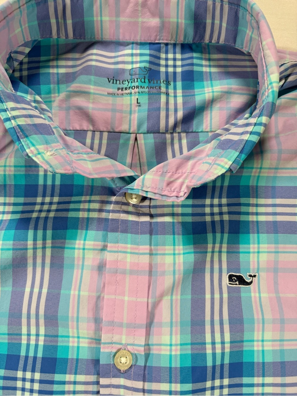 Vineyard Vines Performance Boys Large (16) Plaid Button Down Shirt Blue Pink
